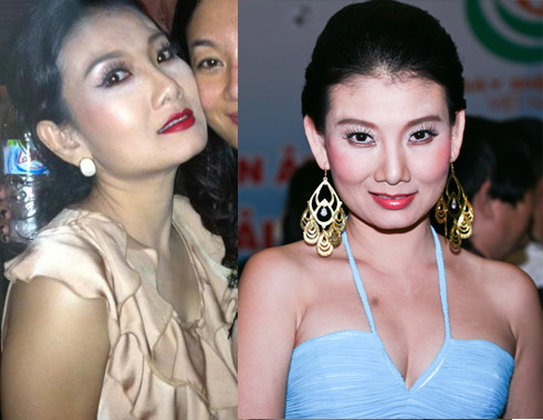 Những đường nét trên khuôn mặt Mỹ Uyên trông bị giả vì đôi môi đỏ chót, hàng mi giả cầu kỳ và những hình khối thật kém tự nhiên.