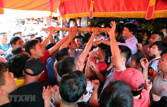 Người may mắn giằng được cây bông mang về đình làng. (Ảnh: Thành Đạt/TTXVN)