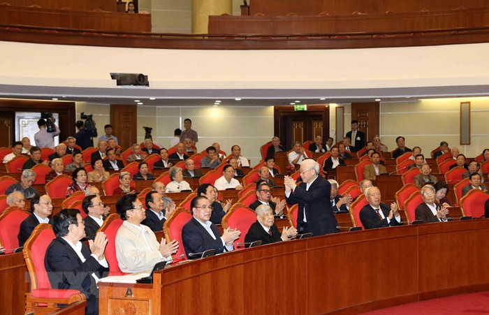 Tổng Bí thư, Chủ tịch nước Nguyễn Phú Trọng cùng các vị lãnh đạo, nguyên lãnh đạo Đảng, Nhà nước dự hội nghị. (Ảnh: Phương Hoa/TTXVN)