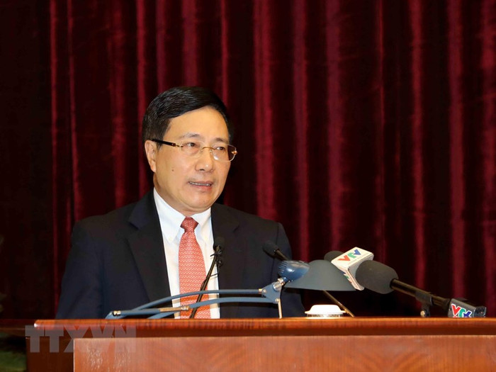 Ông Phạm Bình Minh, Ủy viên Bộ Chính trị, Phó Thủ tướng Chính phủ, Bộ trưởng Bộ Ngoại giao phát biểu. (Ảnh: Phương Hoa/TTXVN)