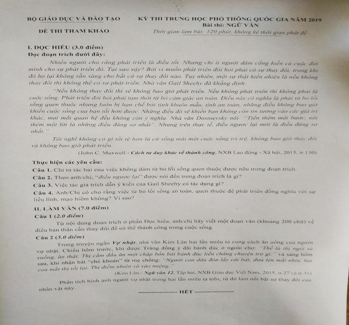 Đề minh họa Ngữ văn 2019 của Bộ Giáo dục và Đào tạo. Ảnh: V.L.