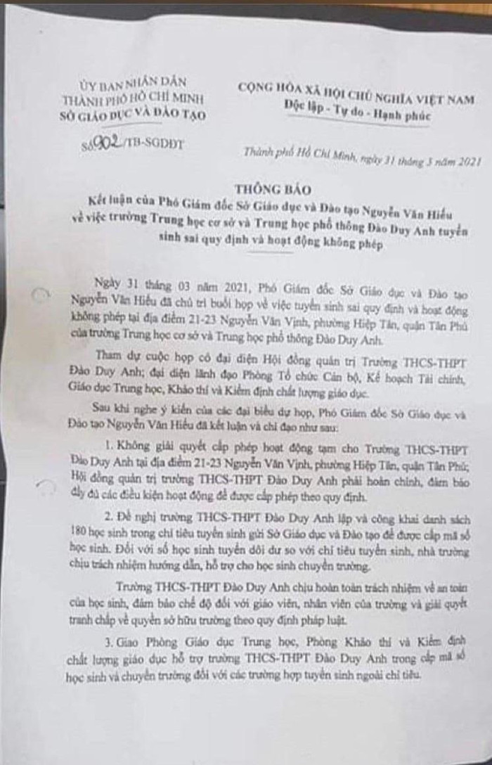 Trích thông báo kết luận của Phó Giám đốc (khi đó) Nguyễn Văn Hiếu tại cuộc họp ngày 31/3/2021 (ảnh: CTV) Trích thông báo kết luận của Phó Giám đốc (khi đó) Nguyễn Văn Hiếu tại cuộc họp ngày 31/3/2021 (ảnh: CTV)