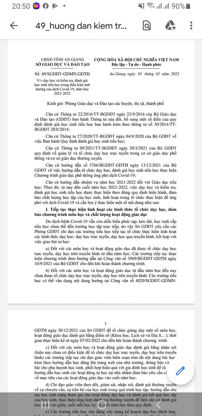 Trích công văn 49 do Phó Giám đốc Sở Giáo dục và Đào tạo tỉnh An Giang ký (ảnh: P.L) Trích công văn 49 do Phó Giám đốc Sở Giáo dục và Đào tạo tỉnh An Giang ký (ảnh: P.L)