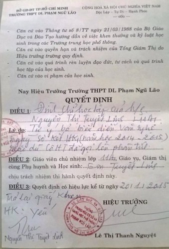 Quyết định buộc thôi học em Nguyễn Thị Tuyết Linh của trường Phạm Ngũ Lão. Quyết định buộc thôi học em Nguyễn Thị Tuyết Linh của trường Phạm Ngũ Lão.