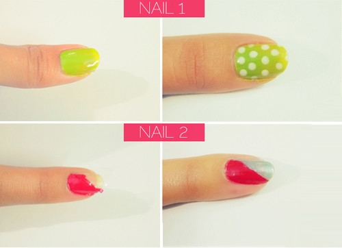 Với ngón cái, bạn phủ hai lần sơn màu xanh chuối rồi thêm họa tiết chấm bi trắng lên trên. Kế đến, ngón tay trỏ được sơn bằng màu hồng và xanh lam pastel theo tỷ lệ 50/50. Với ngón cái, bạn phủ hai lần sơn màu xanh chuối rồi thêm họa tiết chấm bi trắng lên trên. Kế đến, ngón tay trỏ được sơn bằng màu hồng và xanh lam pastel theo tỷ lệ 50/50.