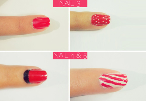 Ngón giữa cũng được vẽ đơn giản với màu đỏ và chấm bi trắng. Ngón tay áp út sơn màu đen, đỏ kiểu nail Pháp ngược. Còn ngón út được trang trí nhưng cây kẹo que màu trắng-đỏ trong dịp Giáng sinh. Ngón giữa cũng được vẽ đơn giản với màu đỏ và chấm bi trắng. Ngón tay áp út sơn màu đen, đỏ kiểu nail Pháp ngược. Còn ngón út được trang trí nhưng cây kẹo que màu trắng-đỏ trong dịp Giáng sinh.