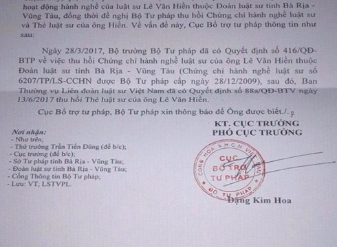 Trích thông báo của Cục Bổ trợ tư pháp, Bộ Tư pháp về vụ việc liên quan đến ông Hiền (ảnh: P.L)