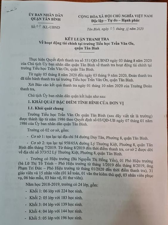 Trích kết luận thanh tra số 07 do Chủ tịch Ủy ban nhân dân quận Tân Bình ký (ảnh: P.L) Trích kết luận thanh tra số 07 do Chủ tịch Ủy ban nhân dân quận Tân Bình ký (ảnh: P.L)
