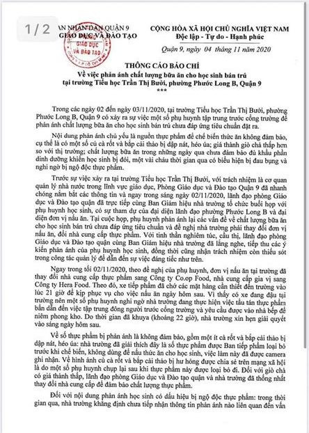 Thông tin do Phòng Giáo dục quận 9 cung cấp cho báo chí về vụ việc (Ảnh: P.L) Thông tin do Phòng Giáo dục quận 9 cung cấp cho báo chí về vụ việc (Ảnh: P.L)