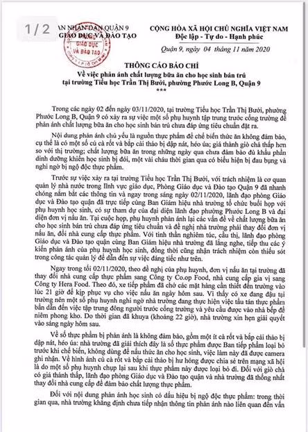 Thông tin do Phòng Giáo dục quận 9 cung cấp cho báo chí về vụ việc (Ảnh: P.L)