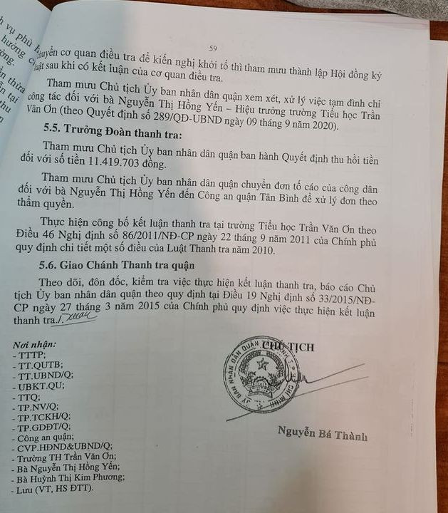 Trích kết luận thanh tra số 07 do Chủ tịch Ủy ban nhân dân quận Tân Bình ký (Ảnh: P.L) Trích kết luận thanh tra số 07 do Chủ tịch Ủy ban nhân dân quận Tân Bình ký (Ảnh: P.L)