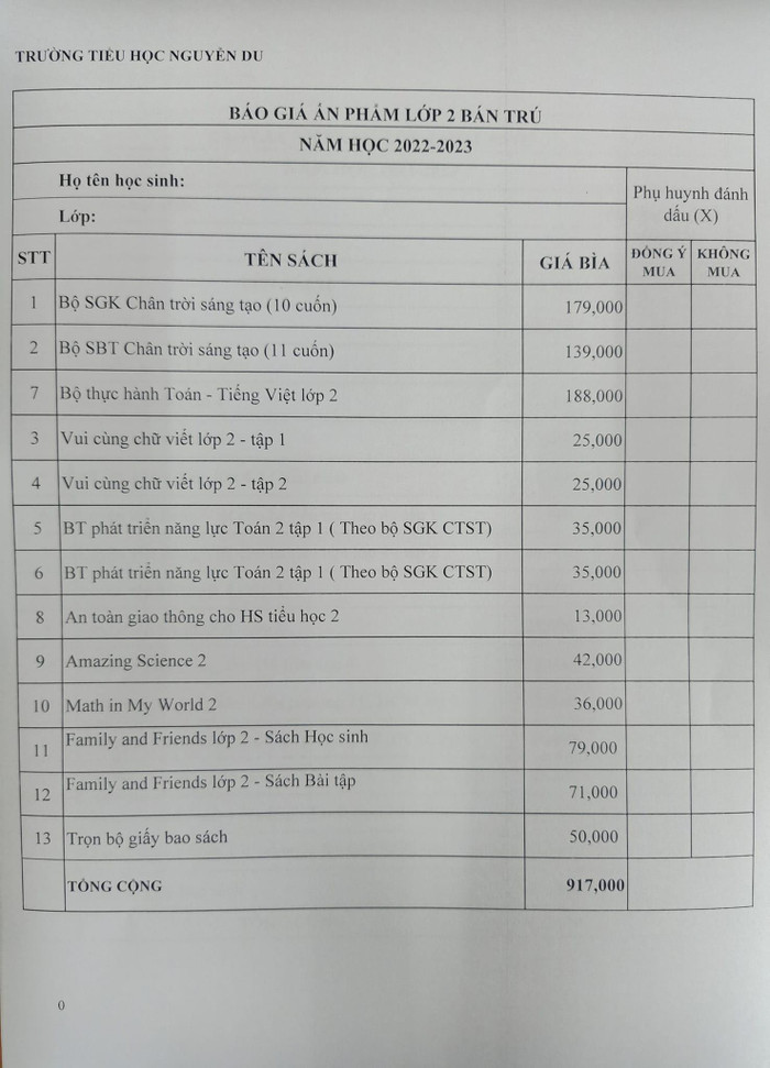 Danh mục các loại sách cần mua của lớp 2 Trường Tiểu học Nguyễn Du khi có thêm cột đồng ý, không đồng ý (ảnh: CTV) Danh mục các loại sách cần mua của lớp 2 Trường Tiểu học Nguyễn Du khi có thêm cột đồng ý, không đồng ý (ảnh: CTV)