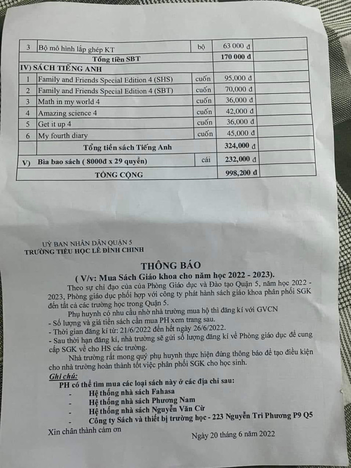 Phiếu đăng ký sách lớp 4 của Trường Tiểu học Lê Đình Chinh, quận 5 (ảnh: CTV) Phiếu đăng ký sách lớp 4 của Trường Tiểu học Lê Đình Chinh, quận 5 (ảnh: CTV)