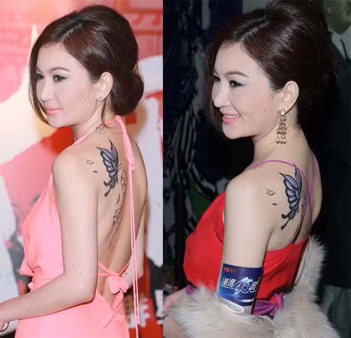 Ôn Bích Hà thay hai bộ đầm trong một hoạt động hồi trung tuần tháng 11. Hai chiếc váy, một màu hồng thơ ngây, một màu đỏ quyến rũ và chiếc nào cũng hở lưng. "Nàng Đát Kỷ" khoe những miếng dán hình bướm trên tấm lưng trắng nuột nà.