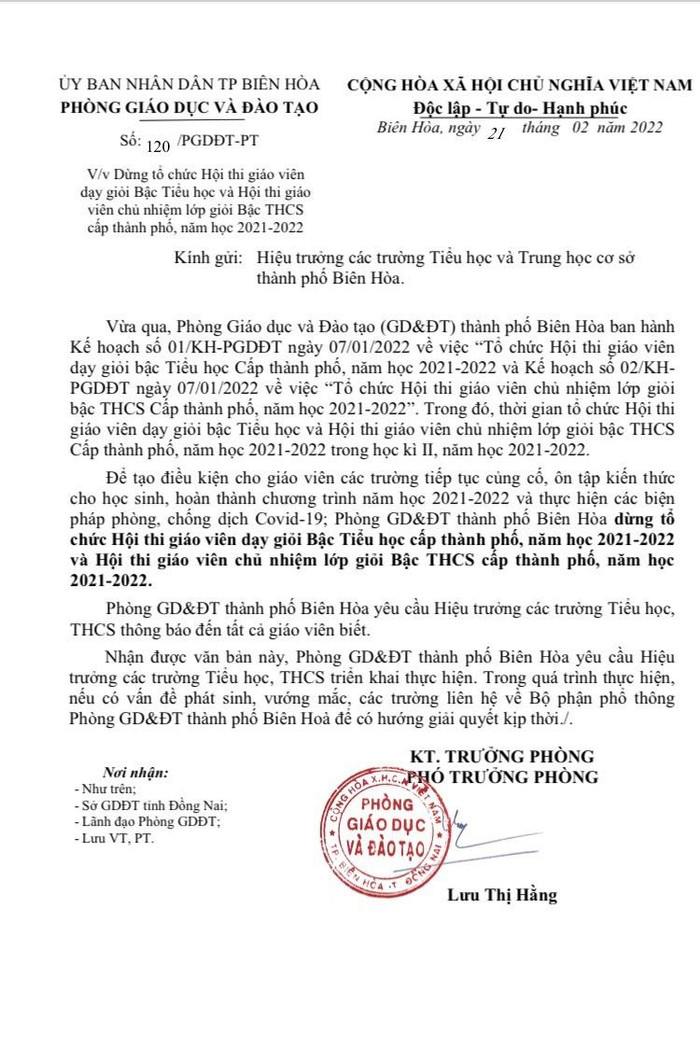 Công văn số 120/PGDĐT-PT ngày 21/2/2022 của Phòng Giáo dục và Đào tạo thành phố Biên Hòa (Đồng Nai). Ảnh: V.H