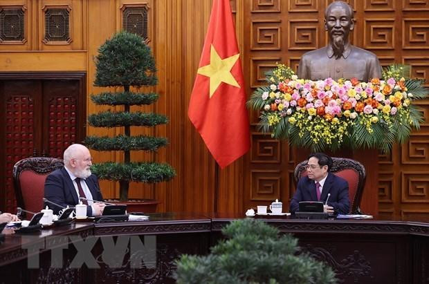 Thủ tướng Phạm Minh Chính tiếp Phó Chủ tịch điều hành EC Frans Timmermans. (Ảnh: Dương Giang/TTXVN) Thủ tướng Phạm Minh Chính tiếp Phó Chủ tịch điều hành EC Frans Timmermans. (Ảnh: Dương Giang/TTXVN)