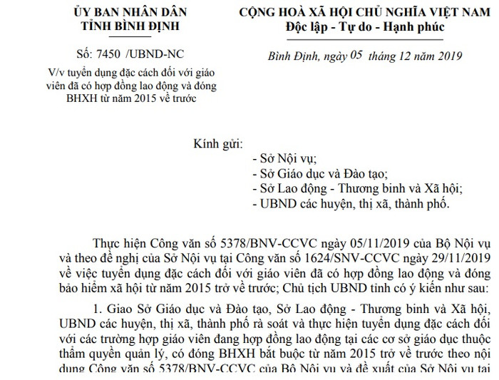 Ủy ban Nhân dân tỉnh Bình Định đã có công văn chỉ đạo xét đặc cách cho giáo viên hợp đồng đủ điều kiện (Ảnh:V.N) Ủy ban Nhân dân tỉnh Bình Định đã có công văn chỉ đạo xét đặc cách cho giáo viên hợp đồng đủ điều kiện (Ảnh:V.N)