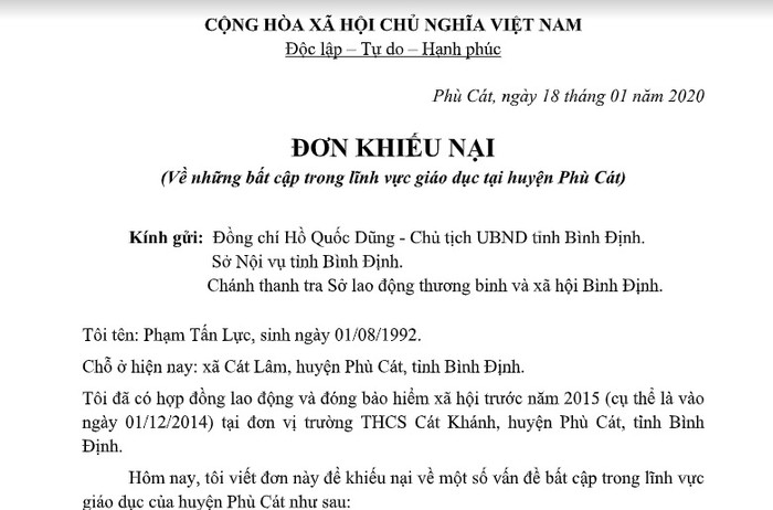 Một số giáo viên hợp đồng huyện Phù Cát gửi đơn khiếu nại đến Chủ tịch Ủy ban Nhân dân tỉnh Bình Định (Ảnh:V.N) Một số giáo viên hợp đồng huyện Phù Cát gửi đơn khiếu nại đến Chủ tịch Ủy ban Nhân dân tỉnh Bình Định (Ảnh:V.N)