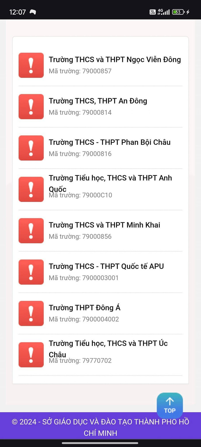 Danh sách các trường ngoài công lập chưa được giao chỉ tiêu tuyển sinh vào lớp 10 (ảnh chụp màn hình) danhsachcactruong.jpg