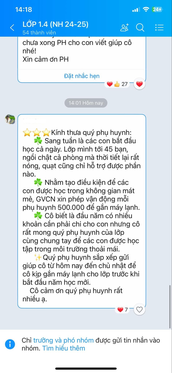 Tin nhắn cô X. gửi vào nhóm Zalo lớp 1/4 chiều ngày 28/8 (Ảnh do phụ huynh cung cấp) tinnhanLVLuongNBe2.jpg