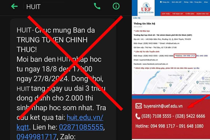 HUIT lên tiếng bác bỏ tin nhắn lừa đảo này (ảnh chụp màn hình) tinnhanHUIT.jpg