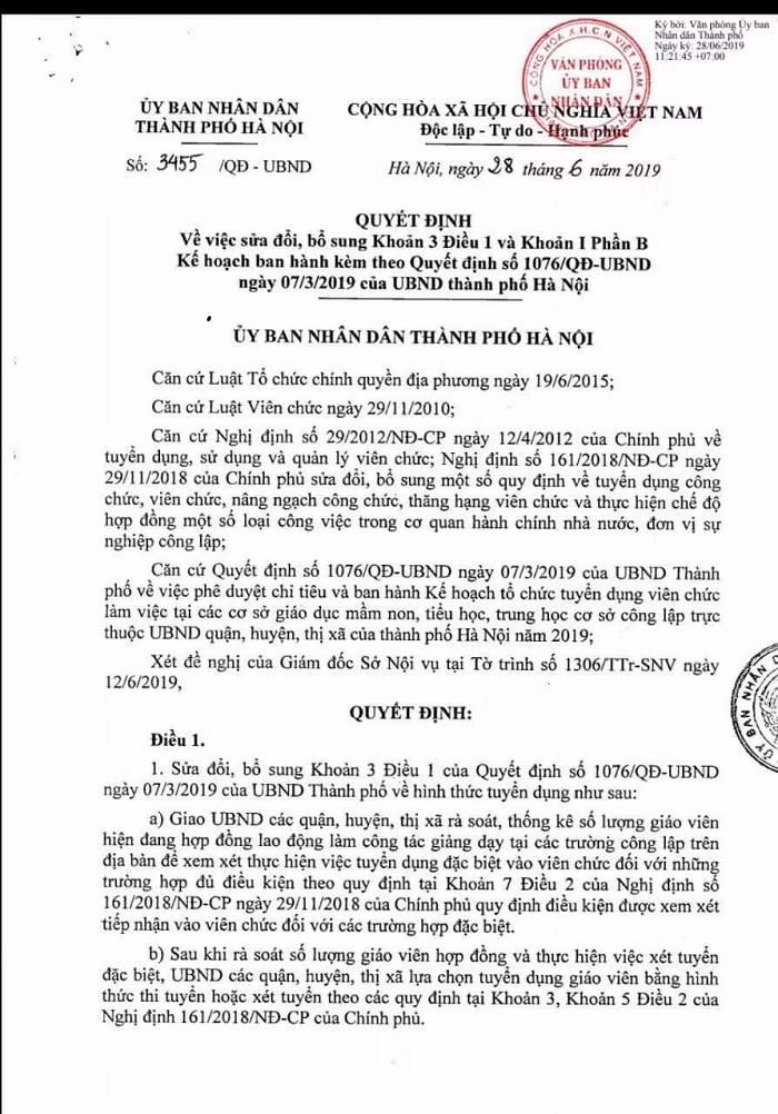 Công văn chỉ đạo của Uỷ ban Nhân dân thành phố Hà Nội giải quyết vấn đề hợp đồng của hơn 2000 giáo viên (Ảnh:V.N)