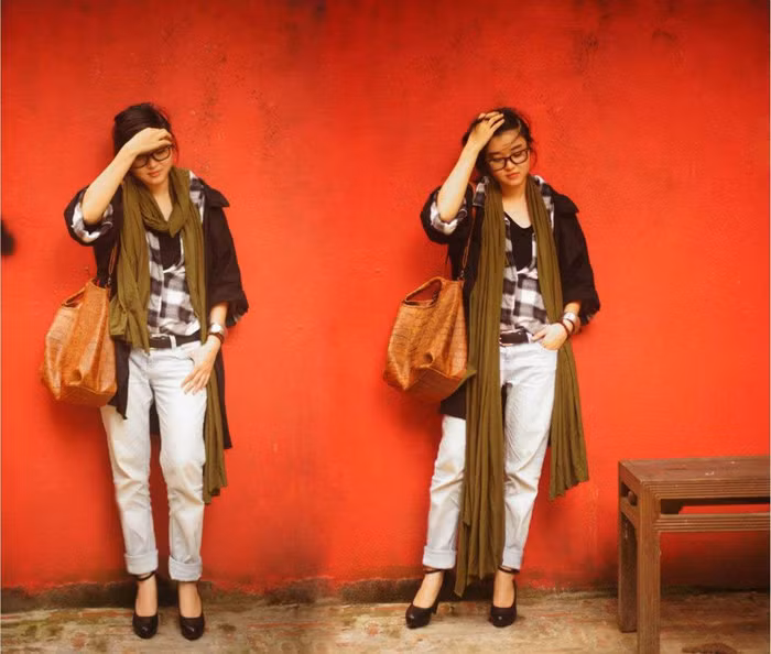 Áo sơ mo kẻ kết hợp với blarez đen dáng rộng, quần demin khỏe khoắn sắn gấu, đặc biệt cùng với một chiếc khăn màu bộ đội, chiếc túi quai chéo to bản. Trông bạn sẽ cực kỳ cá tính, nhưng lại không kém phần nữ tính với đôi giày cao gót. Thật là một lựa chọn tuyệt vời trong những ngày thu se lạnh.