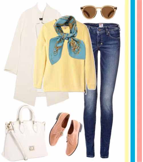 Đây là cách đón thu bằng màu pastel của những cô nàng yêu thích phong cách cổ điển khi khéo léo sử dụng chiếc áo len mỏng màu vàng nhạt và một chiếc khăn điệu đà làm điểm nhấn,