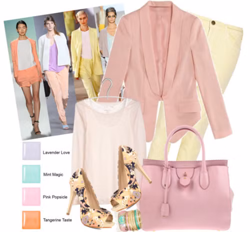 Độ đậm nhạt của sắc hồng biến chuyển trong từng món đồ, được kết hợp với chiếc quần skinny vàng pastel và một đôi guốc xuyệt tone với những điểm nhấn ấn tượng. Trông bạn đầy nữ tính, và cũng thật thời trang.