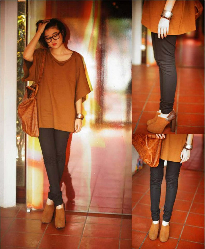 Công thức tone xuyệt tone được áp dụng triệt để cho gợi ý này của cô nàng stylist B'los. Một chiếc áo thun rộng, boot ngắn cổ và chiếc túi quai chéo, tất cả cùng một màu đất trầm mix với skinny đen ánh bóng. Chúng khiến bạn trông thật cá tính, năng động. Công thức tone xuyệt tone được áp dụng triệt để cho gợi ý này của cô nàng stylist B'los. Một chiếc áo thun rộng, boot ngắn cổ và chiếc túi quai chéo, tất cả cùng một màu đất trầm mix với skinny đen ánh bóng. Chúng khiến bạn trông thật cá tính, năng động.