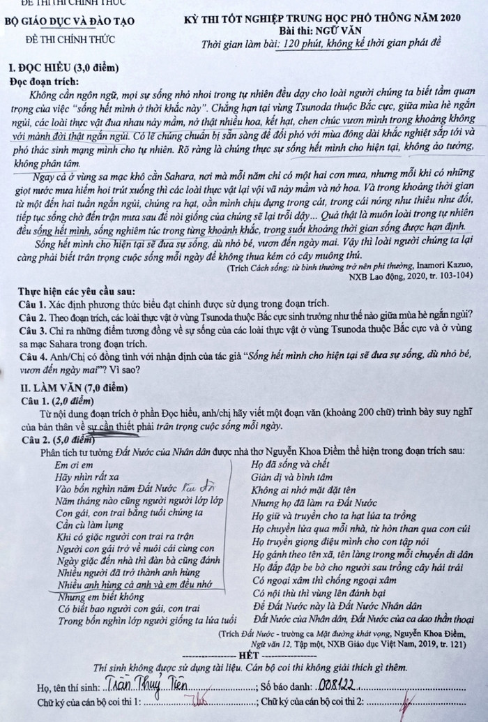 Đề thi môn Ngữ Văn (Ảnh:V.N) Đề thi môn Ngữ Văn (Ảnh:V.N)
