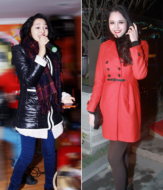 Trước thời tiết lạnh lẽo khắc nghiệt của Hà Nội, Bảo Anh tạm chia tay vẻ ngọt ngào và những bộ váy mềm mại nữ tính để "nhồi nhét" mình trong những lớp áo dầy khự. Hoàng Anh chọn áo khoác dạ có thắt lưng khiến thân hình thêm mảnh mai. Đôi tất dầy màu nâu cũng giúp người đẹp giữ ấm mà vẫn hết sức thời trang.