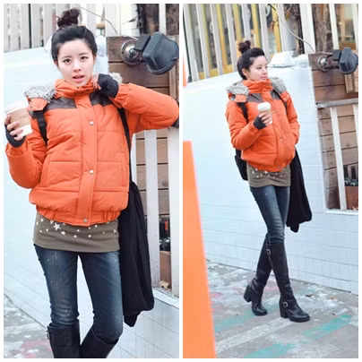 Chiếc áo khoác ngắn màu cam mix với áo len dáng dài có những chấm sao xinh xắn, quần jeans và một đôi boot cao cổ. Đây đích thị là một cô nàng năng động và vô cùng 'xì tin'