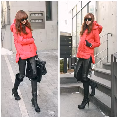 Cô nàng tiểu thư công sở mix áo phao màu hồng cách điệu với quần da và boot cai cổ màu đen thời trang