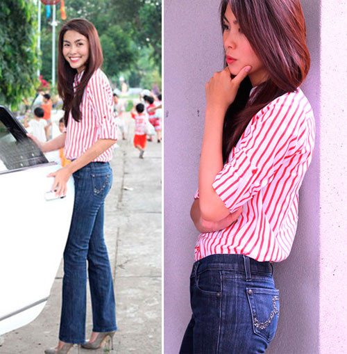 Sau tin đồn bầu bí, Tăng Thanh Hà đã quyết định chọn quần jeans và sơ mi khoe vòng 2 phẳng lỳ để dập tan tin đồn mà không cần phải lên tiếng điều gì. Một cách ứng phó với scandal rất thông minh của Hà Tăng
