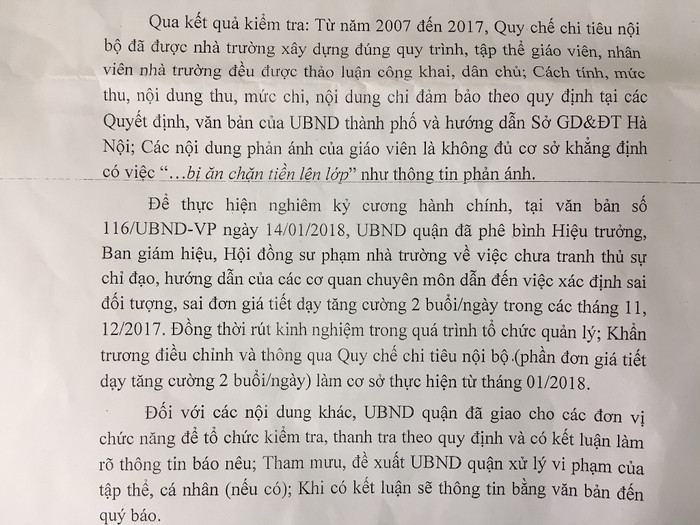 Văn bản trả lời của quận Ba Đình chỉ nói tháng 11/2017 và tháng 12/2017 Trường tiểu học Hoàng Hoa Thám áp dụng sai đối tượng, sai đơn giá là chưa thuyết phục. Bởi, nhiều năm qua giáo viên chỉ nhận một đơn giá là 34 ngàn đồng/tiết. Ảnh: V.P Văn bản trả lời của quận Ba Đình chỉ nói tháng 11/2017 và tháng 12/2017 Trường tiểu học Hoàng Hoa Thám áp dụng sai đối tượng, sai đơn giá là chưa thuyết phục. Bởi, nhiều năm qua giáo viên chỉ nhận một đơn giá là 34 ngàn đồng/tiết. Ảnh: V.P