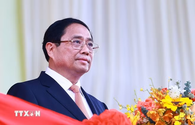 Thủ tướng Chính phủ Phạm Minh Chính đọc Diễn văn kỷ niệm 70 năm Chiến thắng Điện Biên Phủ. (Ảnh: Lâm Khánh/TTXVN)