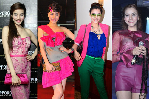 Trang Nhung 'ham' phụ kiện Là một người mẫu có tiếng nhưng Trang Nhung lại có một gu thẩm mỹ khá khó hiểu đến bất ngờ. Có thể phong cho cô nàng là “Nữ hoàng sắc hồng”, vì hầu hết các trang phục của Trang Nhung đều có sự xuất hiện của gam màu ngọt ngào, nữ tính này. Không ít lần, cô nàng khiến khán giả ngán ngẩm với những bộ cánh mix quá cầu kỳ, tham tiểu tiết, thiếu logic và màu mè quá mức. Một “tiểu thư” điệu đà với nhiều tông hồng khác nhau, đến mức cô nàng còn chọn luôn cả gam màu tím hoa cà già quá tuổi. Hơn nữa, thiết kế quá rườm rà và thừa phụ kiện, làm rối mắt người đối diện. Trang Nhung 'ham' phụ kiện Là một người mẫu có tiếng nhưng Trang Nhung lại có một gu thẩm mỹ khá khó hiểu đến bất ngờ. Có thể phong cho cô nàng là “Nữ hoàng sắc hồng”, vì hầu hết các trang phục của Trang Nhung đều có sự xuất hiện của gam màu ngọt ngào, nữ tính này. Không ít lần, cô nàng khiến khán giả ngán ngẩm với những bộ cánh mix quá cầu kỳ, tham tiểu tiết, thiếu logic và màu mè quá mức. Một “tiểu thư” điệu đà với nhiều tông hồng khác nhau, đến mức cô nàng còn chọn luôn cả gam màu tím hoa cà già quá tuổi. Hơn nữa, thiết kế quá rườm rà và thừa phụ kiện, làm rối mắt người đối diện.