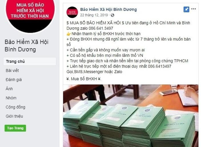 Các đối tượng đã lập trang Facebook mạo danh Bảo hiểm xã hội tỉnh Bình Dương để rao mua sổ Bảo hiểm xã hội. Các đối tượng đã lập trang Facebook mạo danh Bảo hiểm xã hội tỉnh Bình Dương để rao mua sổ Bảo hiểm xã hội.