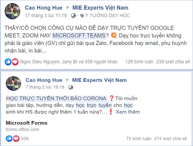 Chia sẻ của cô Cao Hồng Huệ trong MIE được giáo viên đón nhận và áp dụng vào dạy học trực tuyến (Ảnh do tác giả cung cấp) Chia sẻ của cô Cao Hồng Huệ trong MIE được giáo viên đón nhận và áp dụng vào dạy học trực tuyến (Ảnh do tác giả cung cấp)