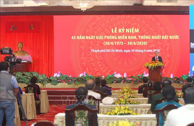 Quang cảnh lễ kỷ niệm 45 năm Ngày Giải phóng miền Nam, thống nhất đất nước (30/4/1975 – 30/4/2020) tại Hội trường Thống Nhất, Thành phố Hồ Chí Minh. Ảnh: Thanh Vũ/TTXVN