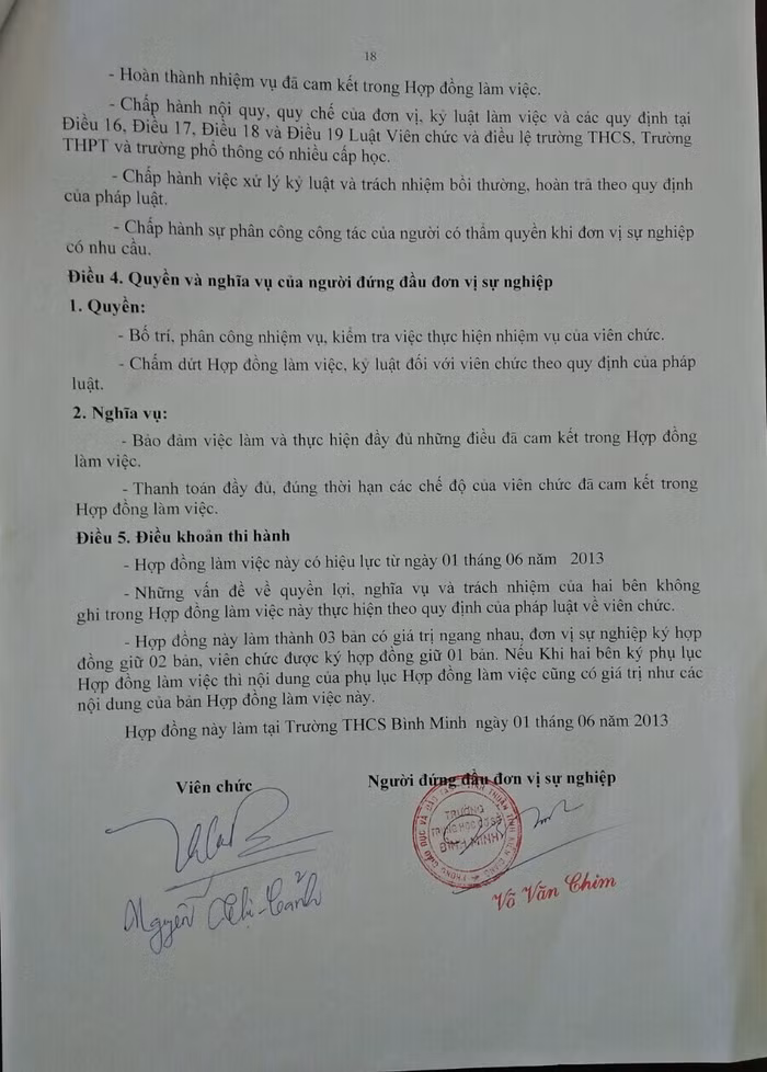 Hợp đồng làm việc không thời hạn của cô giáo Cảnh