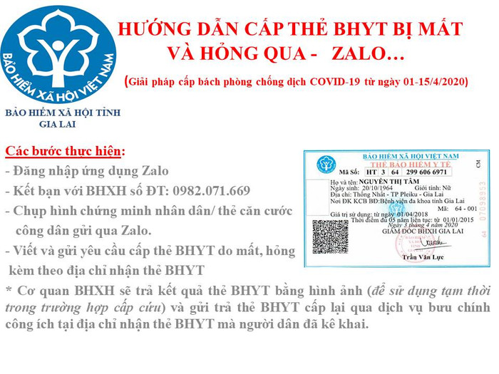 Bảo hiểm xã hội tỉnh Gia Lai thực hiện cấp thẻ Bảo hiểm y tế qua mạng xã hội Zalo trong thời gian cách ly xã hội. Bảo hiểm xã hội tỉnh Gia Lai thực hiện cấp thẻ Bảo hiểm y tế qua mạng xã hội Zalo trong thời gian cách ly xã hội.