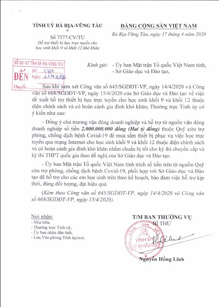 Công văn 7377CVTU về việc hỗ trợ thiết bị học trực tuyến cho học sinh khối 9, khối 12 của Tỉnh ủy Bà Rịa- Vũng Tàu Công văn 7377CVTU về việc hỗ trợ thiết bị học trực tuyến cho học sinh khối 9, khối 12 của Tỉnh ủy Bà Rịa- Vũng Tàu