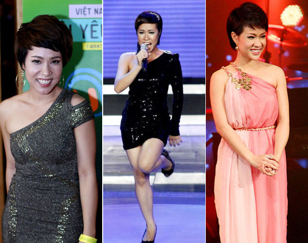 Hãy xem cách Uyên Linh "hô biến" vòng 2 kém thon gọn của mình bằng đầm lệch vai.