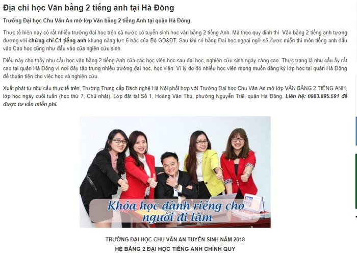 Thông tin tuyển sinh hệ văn bằng 2 tiếng Anh chính quy Đại học Chu Văn An do cán bộ Trường trung cấp Bách nghệ Hà Nội đăng tải. Ảnh: Chụp từ màn hình. Thông tin tuyển sinh hệ văn bằng 2 tiếng Anh chính quy Đại học Chu Văn An do cán bộ Trường trung cấp Bách nghệ Hà Nội đăng tải. Ảnh: Chụp từ màn hình.
