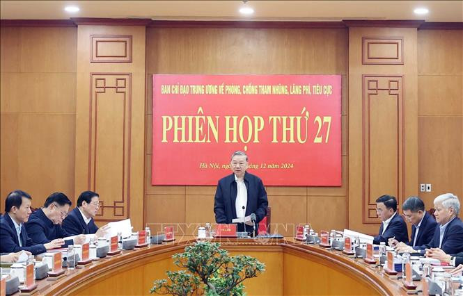 Tổng Bí thư Tô Lâm chủ trì Phiên họp thứ 27 Ban Chỉ đạo Trung ương về phòng, chống tham nhũng, lãng phí, tiêu cực. Ảnh: Thống Nhất/TTXVN Tổng Bí thư Tô Lâm chủ trì Phiên họp thứ 27 Ban Chỉ đạo Trung ương về phòng, chống tham nhũng, lãng phí, tiêu cực. Ảnh: Thống Nhất/TTXVN