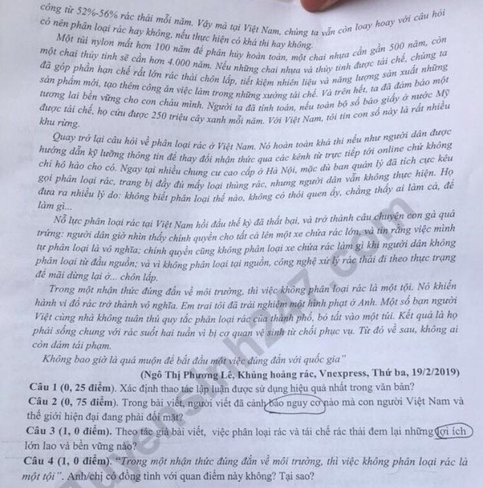 Đề thi thử chuẩn bị cho kì thi trung học phổ thông quốc gia với phần ngữ liệu quá dài. (Ảnh: tuyensinh247)