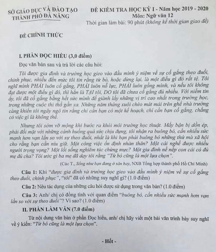 Đề kiểm tra học kì môn Ngữ văn 12 của Sở Giáo dục và Đào tạo Thành phố Đà Nẵng. (Ảnh: Cao Nguyên)