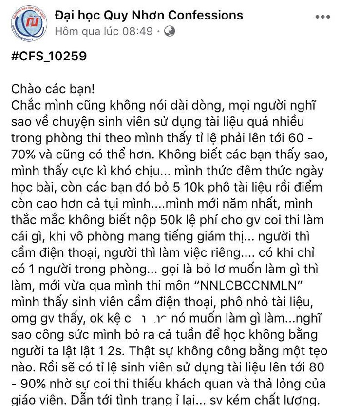 Một sinh viên Trường Đại học Quy Nhơn bày tỏ sự bất bình với việc hàng loạt sinh viên trường mình thản nhiên sử dụng tài liệu trong phòng thi lên trang Đại học Quy Nhơn Confessions. (Ảnh do tác giả cung cấp)